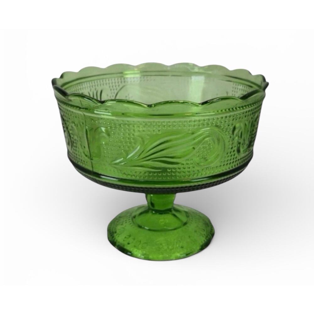 Vintage 1950's E.O. Brody Co. M6000 Green Glass Compote Candy Dish Raised Bowl